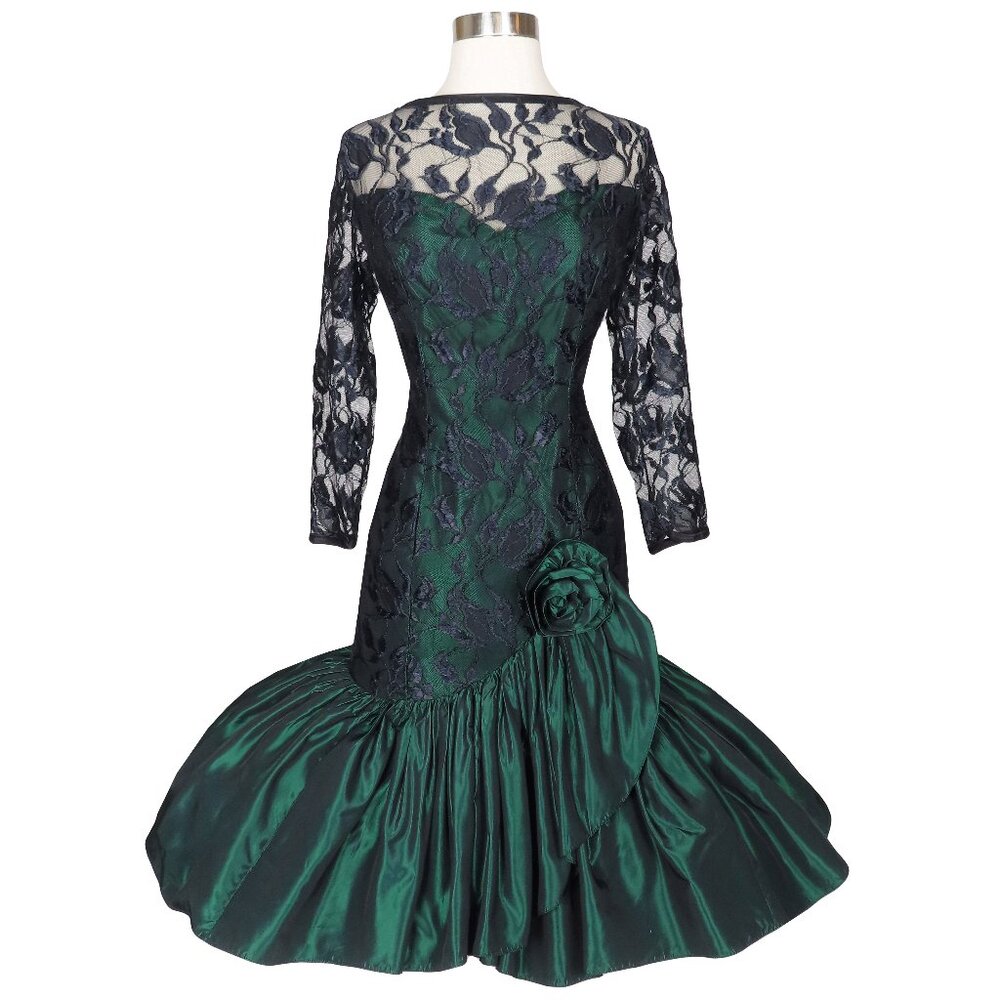 Vintage 80s Black Lace Green Long Sleeve Mermaid Full Skirt Prom Party Dress M - Picture 1 of 10